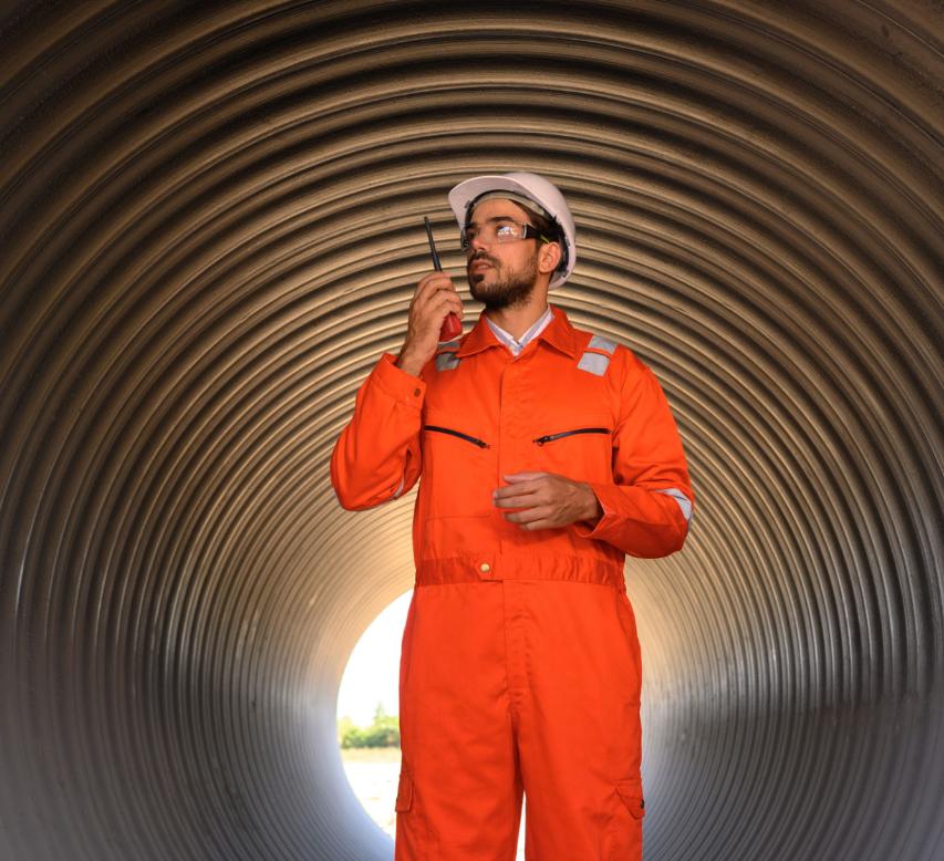 An engineer in a reflective orange jumpsuit and hard hat stands inside a corrugated metal tunnel using a walkie-talkie.